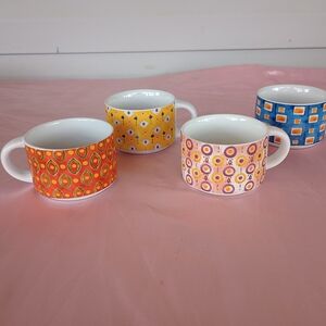 Pier 1 Colorful Patterned Stoneware Mugs - Pink, Orange, Yellow, Blue